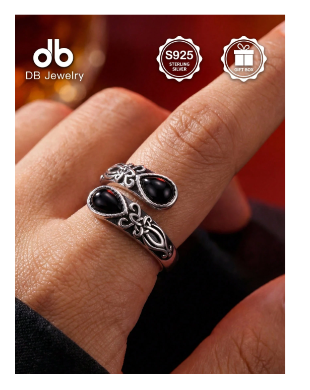 S925 Sterling Silver Black Agate Spoon Ring With Gift Box