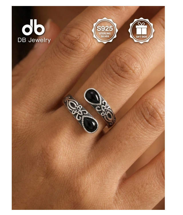 S925 Sterling Silver Black Agate Spoon Ring With Gift Box