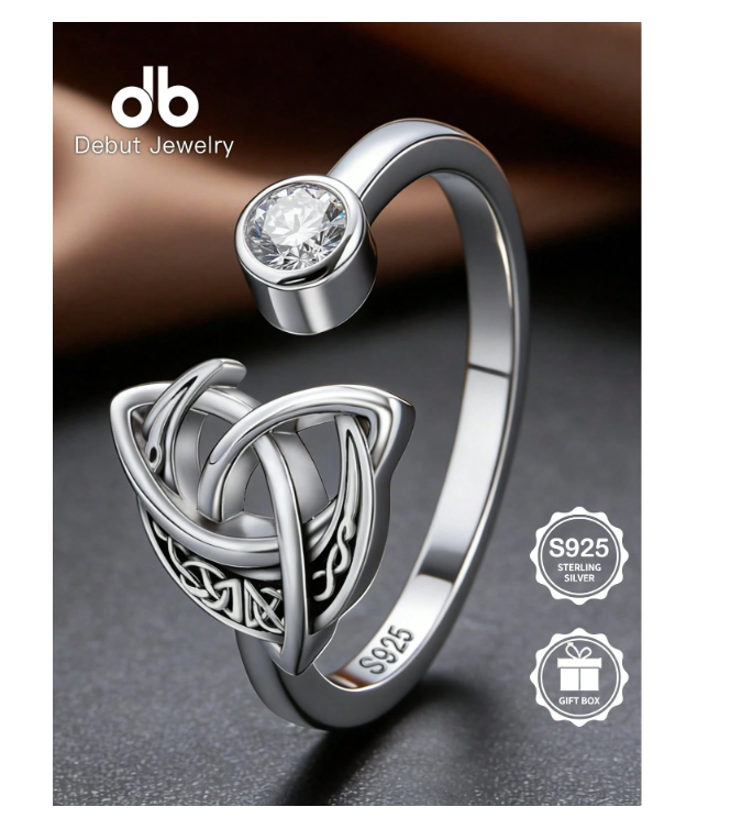 S925 Sterling Silver Women's Celtic Trinity Knot Open Ring, Zirconia Adjustable Band, Halloween Daily Wear Vintage Irish Pattern Ring Jewelry Gift