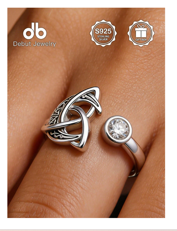 S925 Sterling Silver Women's Celtic Trinity Knot Open Ring, Zirconia Adjustable Band, Halloween Daily Wear Vintage Irish Pattern Ring Jewelry Gift