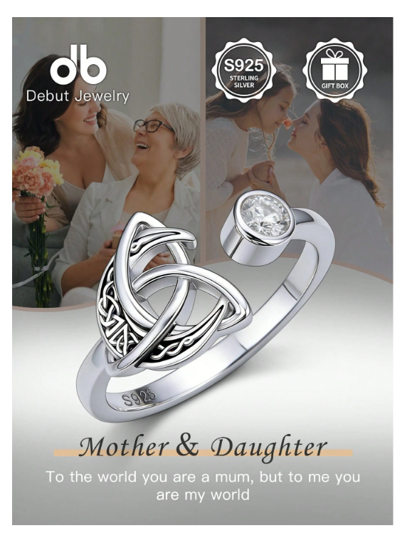 S925 Sterling Silver Women's Celtic Trinity Knot Open Ring, Zirconia Adjustable Band, Halloween Daily Wear Vintage Irish Pattern Ring Jewelry Gift