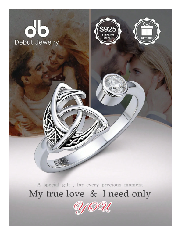 S925 Sterling Silver Women's Celtic Trinity Knot Open Ring, Zirconia Adjustable Band, Halloween Daily Wear Vintage Irish Pattern Ring Jewelry Gift