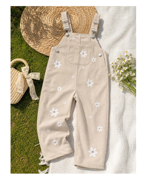 Baby Girls Sweet Floral Embroidered Overalls With Shoulder Straps And Cuffed Hems Casual Long Pants