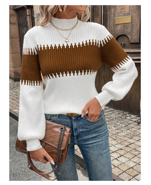 High Neck Color Block Patchwork Lantern Sleeve Casual Commute Outdoor Women Sweater