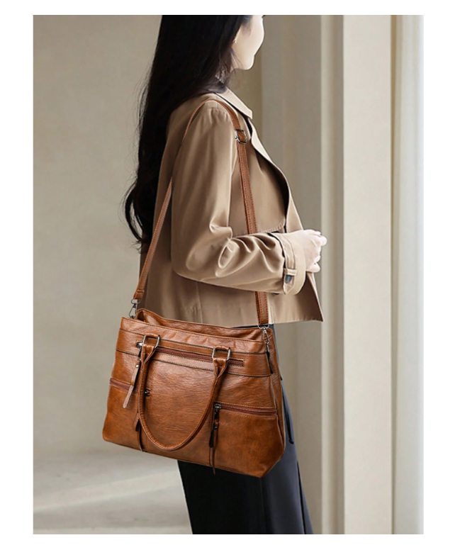 1pc Women's Solid Retro Brown Tote Bag, Large Capacity Multi-Zipper Pockets Hand