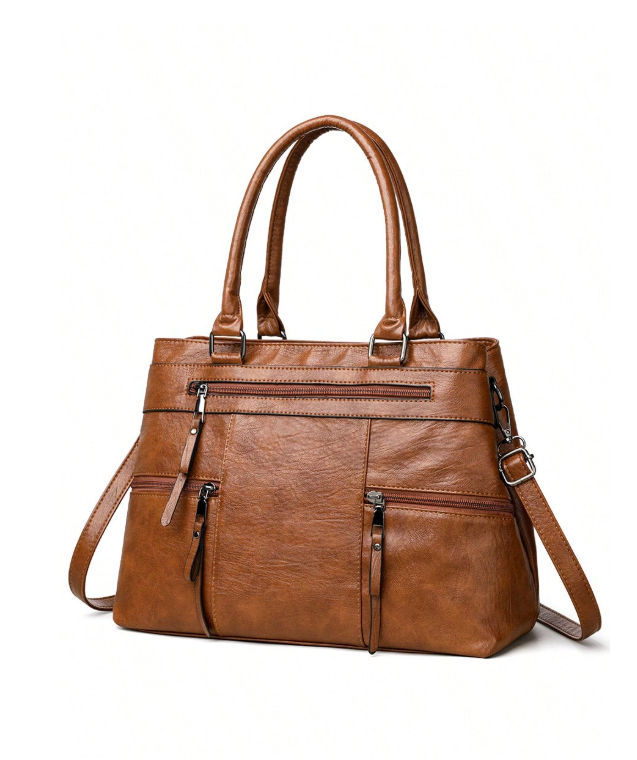 1pc Women's Solid Retro Brown Tote Bag, Large Capacity Multi-Zipper Pockets Hand