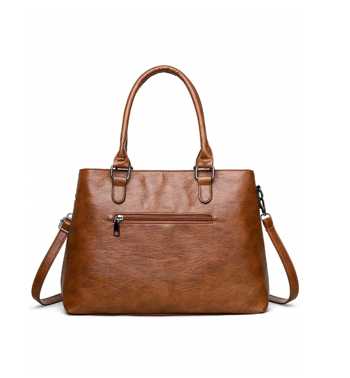 1pc Women's Solid Retro Brown Tote Bag, Large Capacity Multi-Zipper Pockets Hand