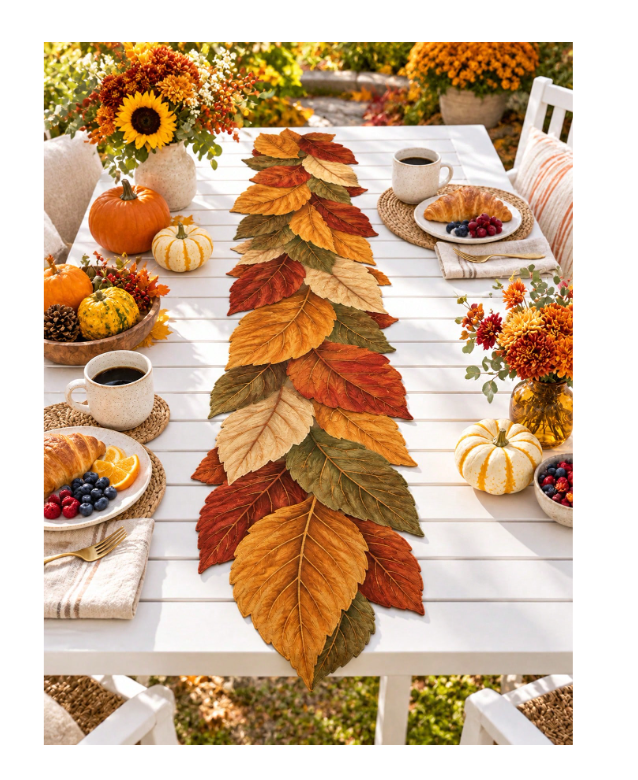 1pc Autumn Leaf Linen Table Runner, Autumn Leaf Shaped Table Runner, Rust Orange, Mustard Green And Beige Layered Leaf Design