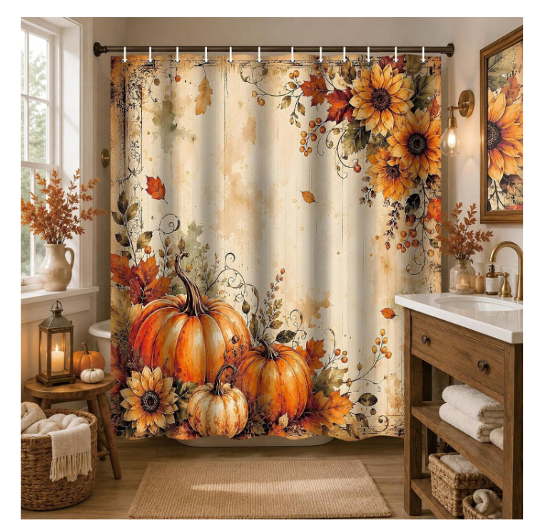 Vintage Fall Pumpkin Shower Curtain, Rustic Farmhouse, 72 X 72 In