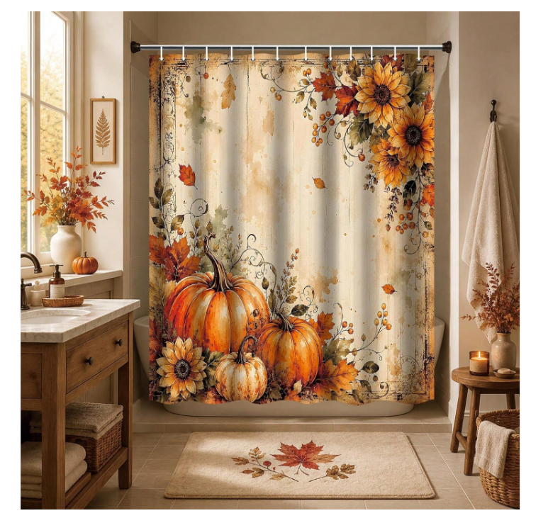 Vintage Fall Pumpkin Shower Curtain, Rustic Farmhouse, 72 X 72 In