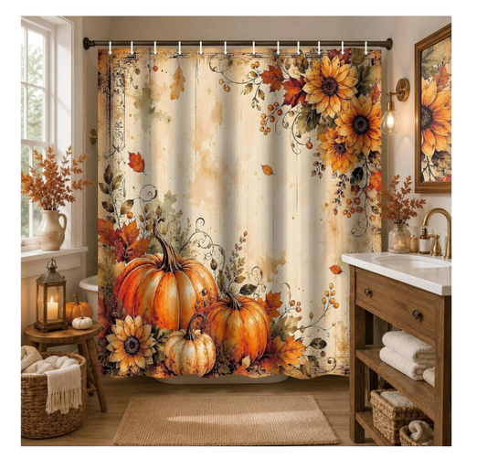 Vintage Fall Pumpkin Shower Curtain, Rustic Farmhouse, 72 X 72 In