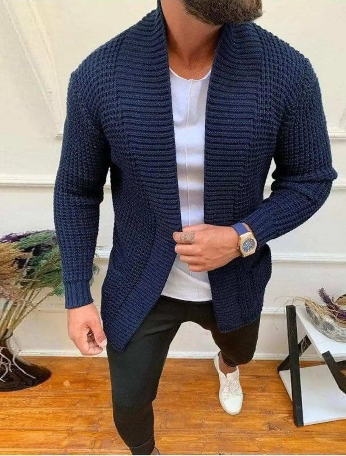 New Mens Clothing Fashion Casual Long Sleeved Lapel Knitted Sweater Mens Outerwear