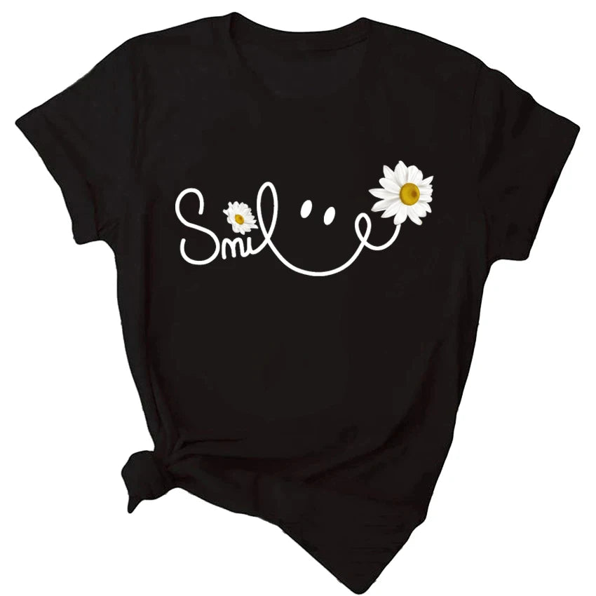 Beautiful Daisy Smile Letter Printed T Shirt Harajuku Fashion Graphic Black T Shirt Shirt Casual O-neck Female Tops Tee