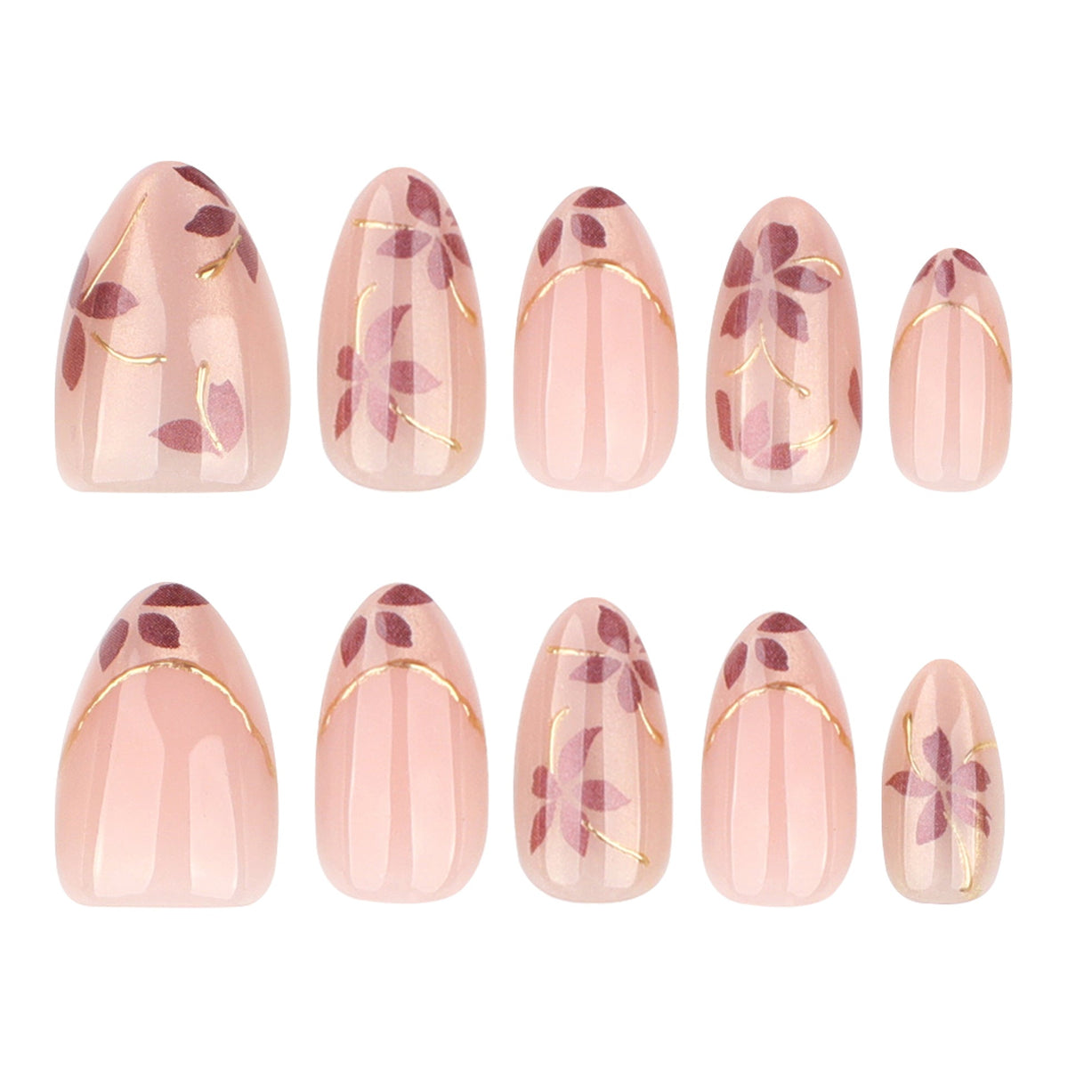 365nails: "Rose Gold Floral Almond" – Nude Press-on Nails with Gold Accents – Image 5