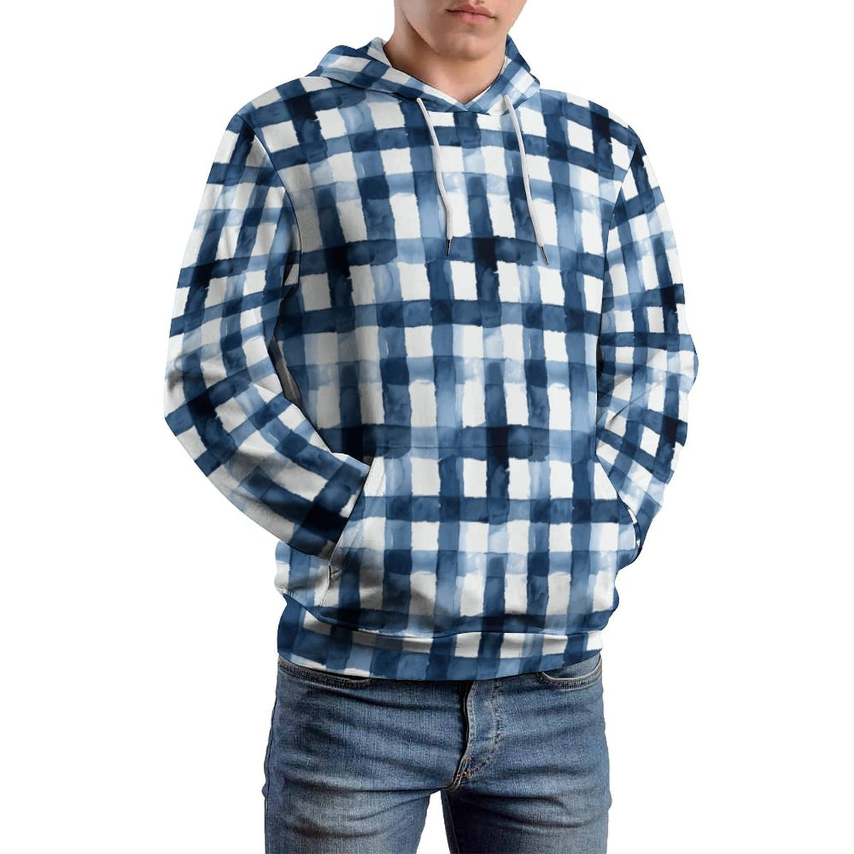 Blue Plaid Men's Cool Hoodie with Double-layer Cap