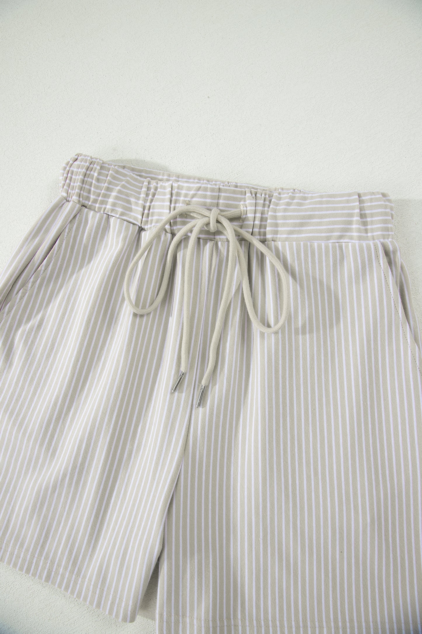 Khaki Stripe Dolman Sleeve Polo Shirt and Drawstring Shorts Set