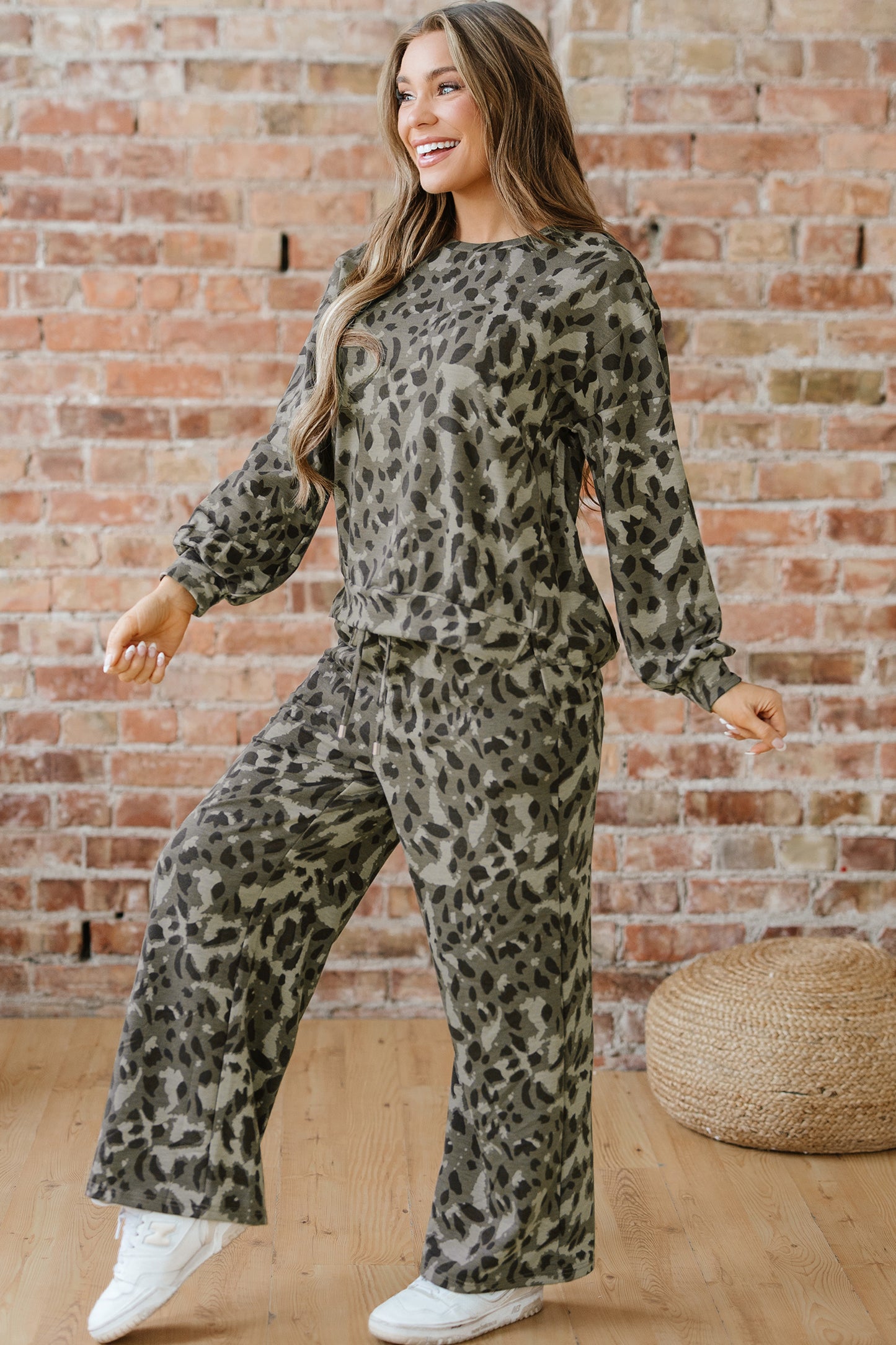 Gray Leopard Print Raw Seam Patchwork Pullover Drawstring Loose Pant Set