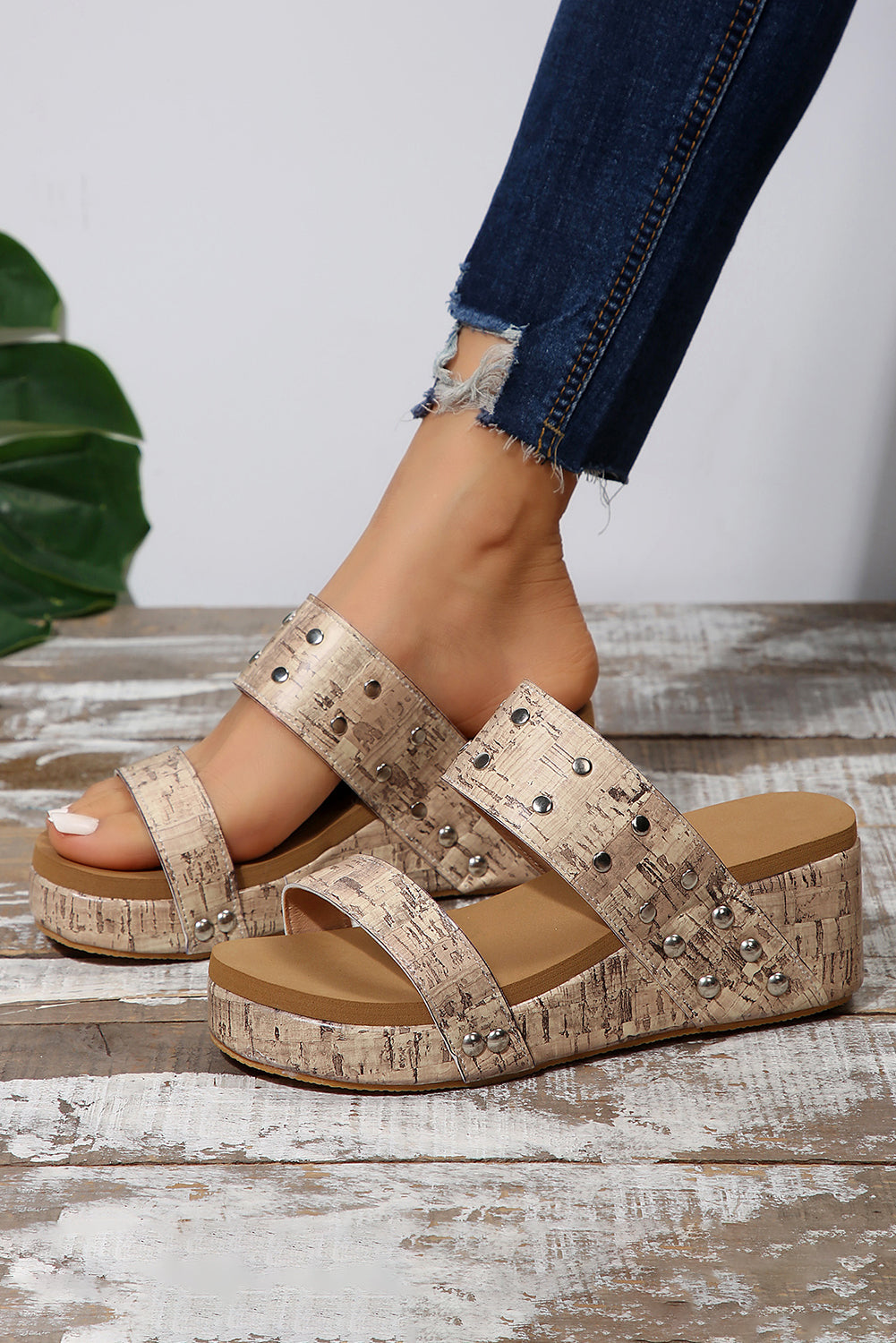 Camel Rivet Double Straps Wedge Sandals