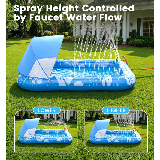 Inflatable Tanning Pool Lounger Float with Sprinkler & Canopy UPF50+, 77" x 48" Extra Large Tanning Pool Float for Adults, Sunbathing Water Lounge Bed with Pillow & Cup Holder for Backyard & Pool