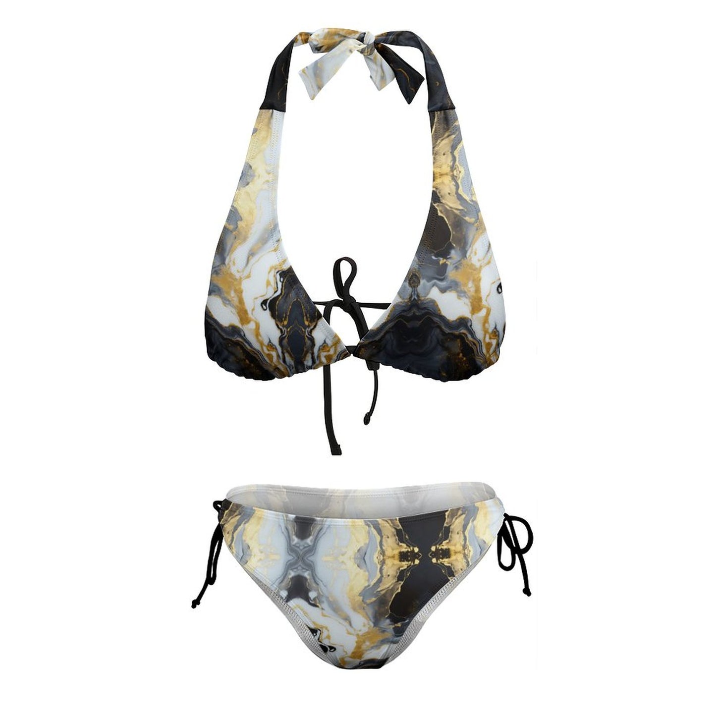 Two Piece Halter Swimsuit Black Marble