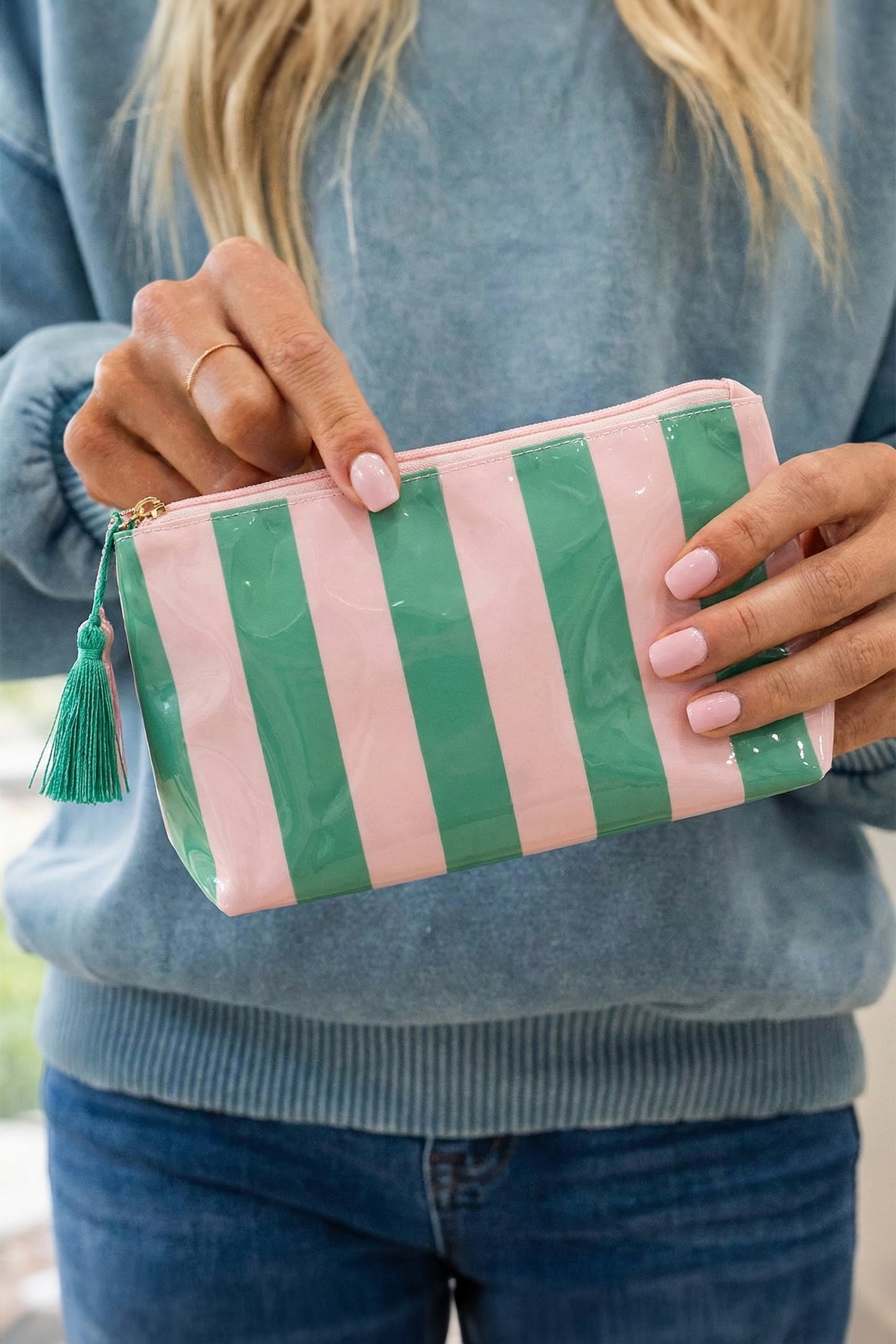 Dark Green Striped Vinyl Waterproof Tassel Zipper Makeup Bag