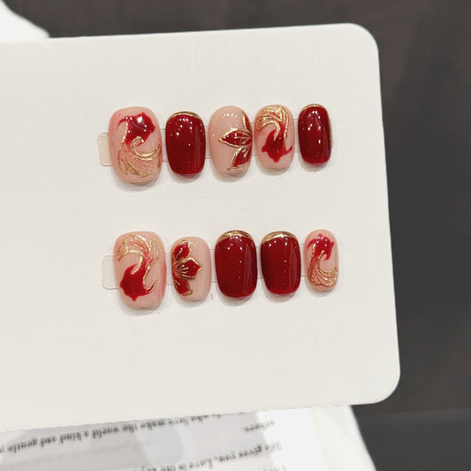 Red Gold Phoenix Inspired Elegant Press On Nails