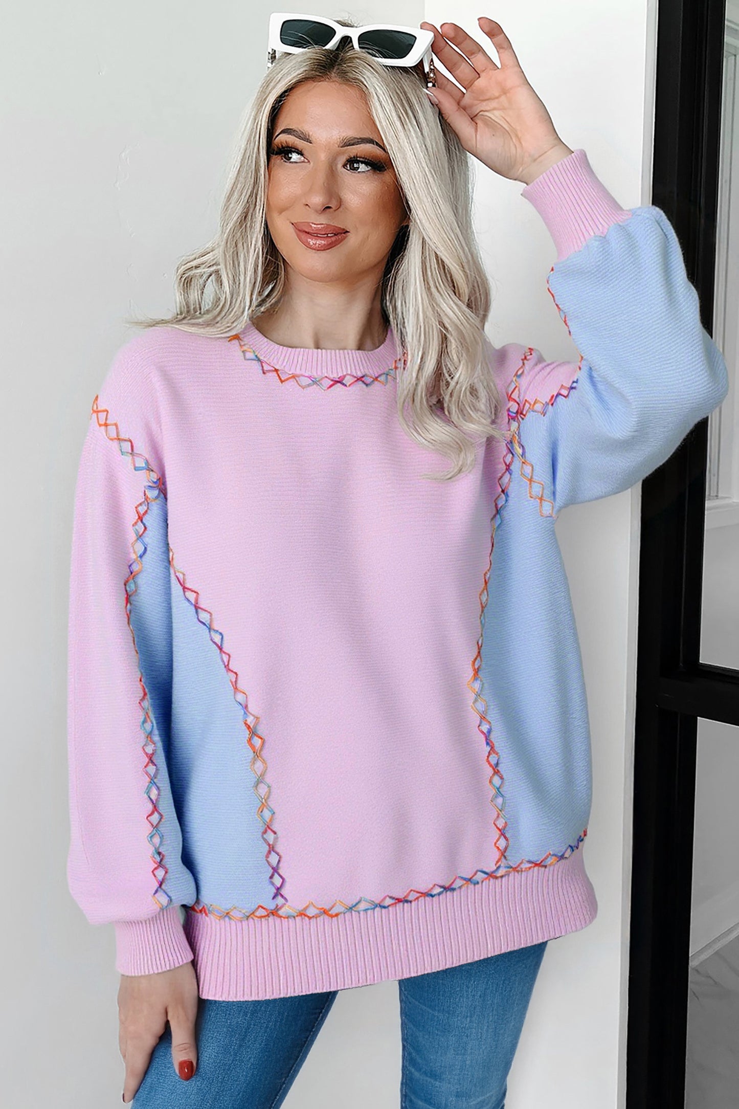 Orchid Bouquet Rainbow Stitching Balloon Sleeve Relaxed Sweater