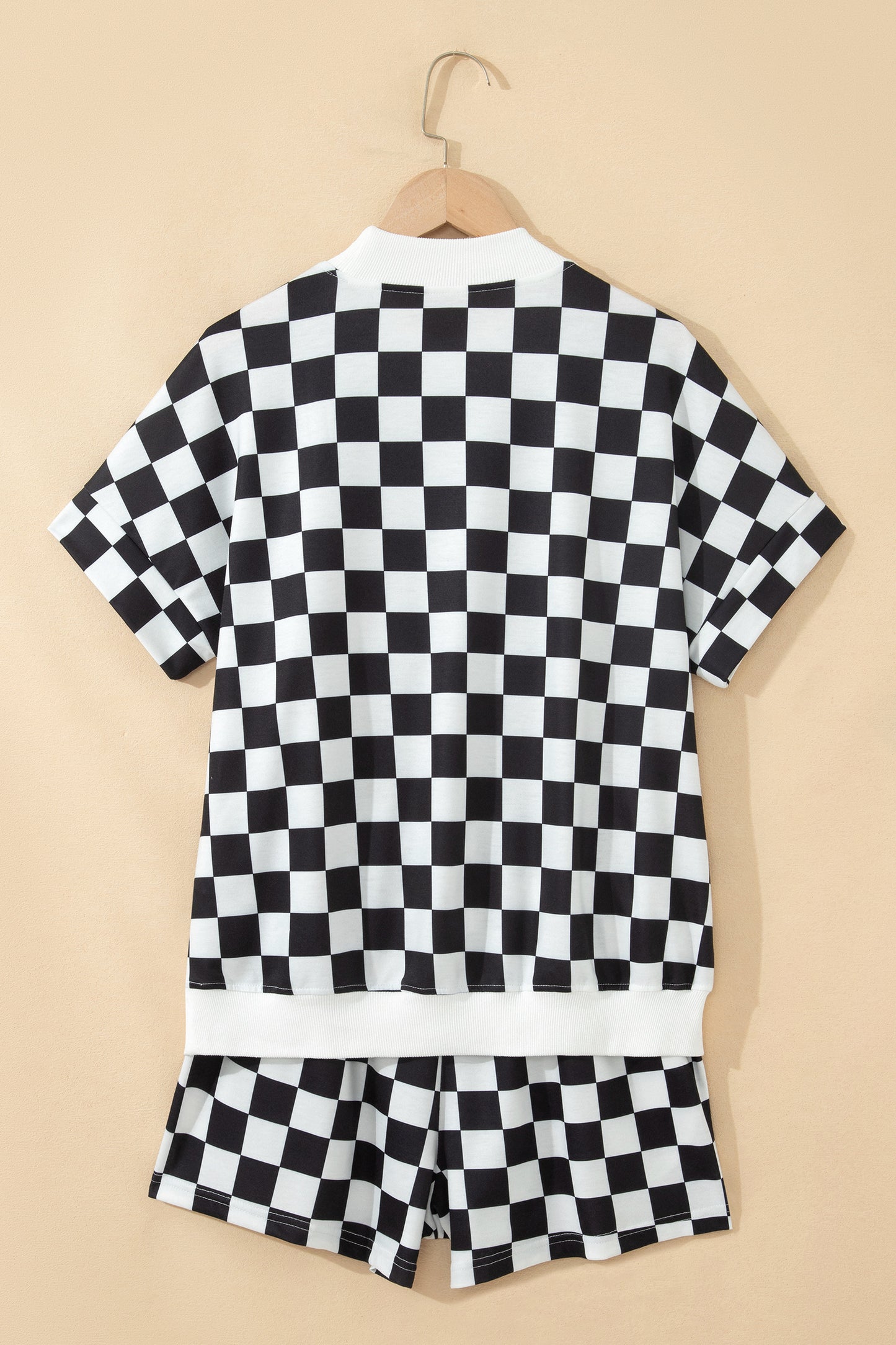 Black Checkered Print Color Block Trim Mock Neck Short Set