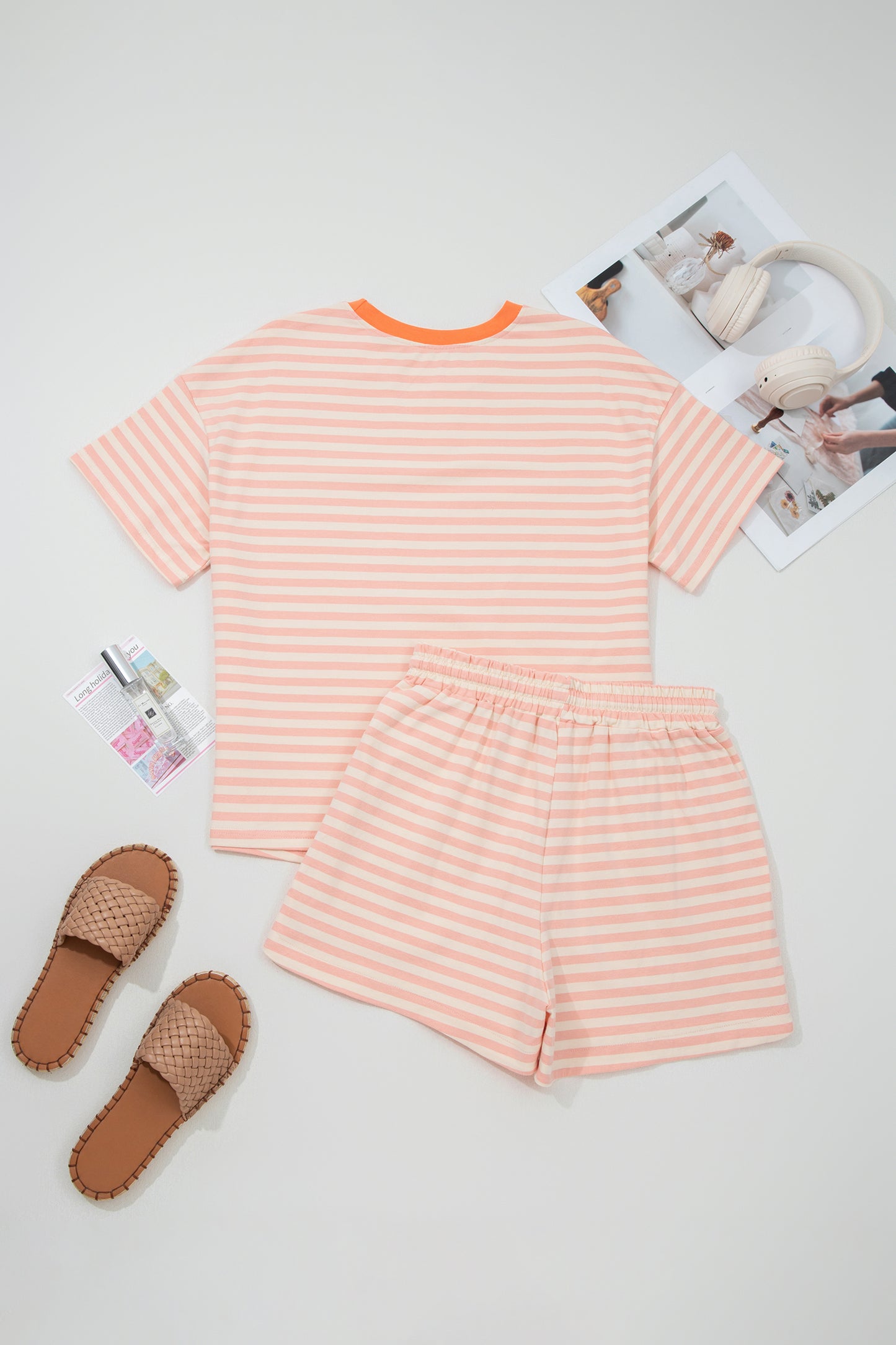 Stripe Contrast Neck Loose Tee and Drawstring Shorts Set