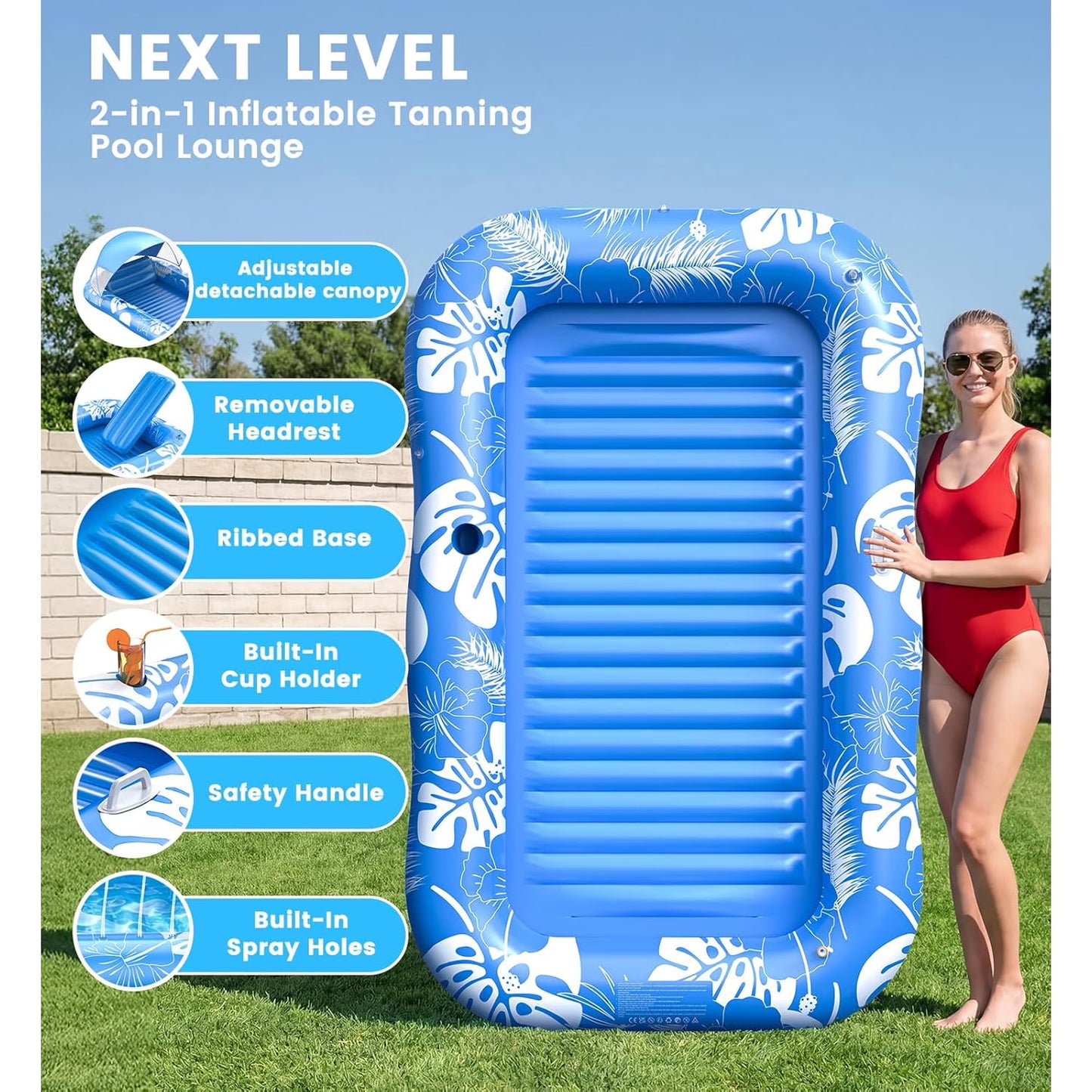 Inflatable Tanning Pool Lounger Float with Sprinkler & Canopy UPF50+, 77" x 48" Extra Large Tanning Pool Float for Adults, Sunbathing Water Lounge Bed with Pillow & Cup Holder for Backyard & Pool