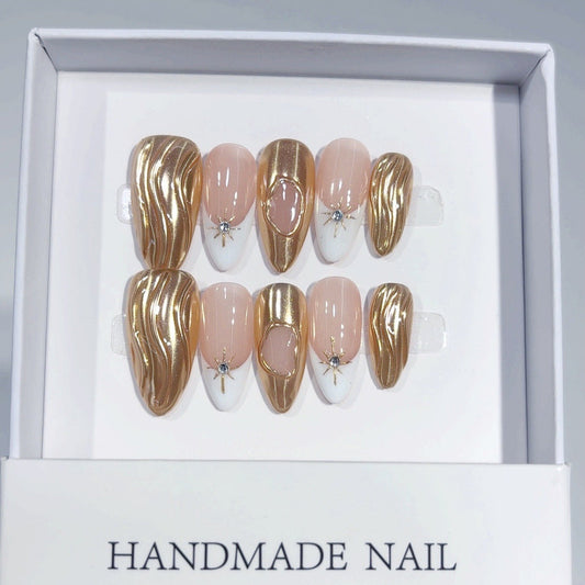 Liquid Gold: "Gilded Wave" – Almond Shape Handmade Press-On Nails