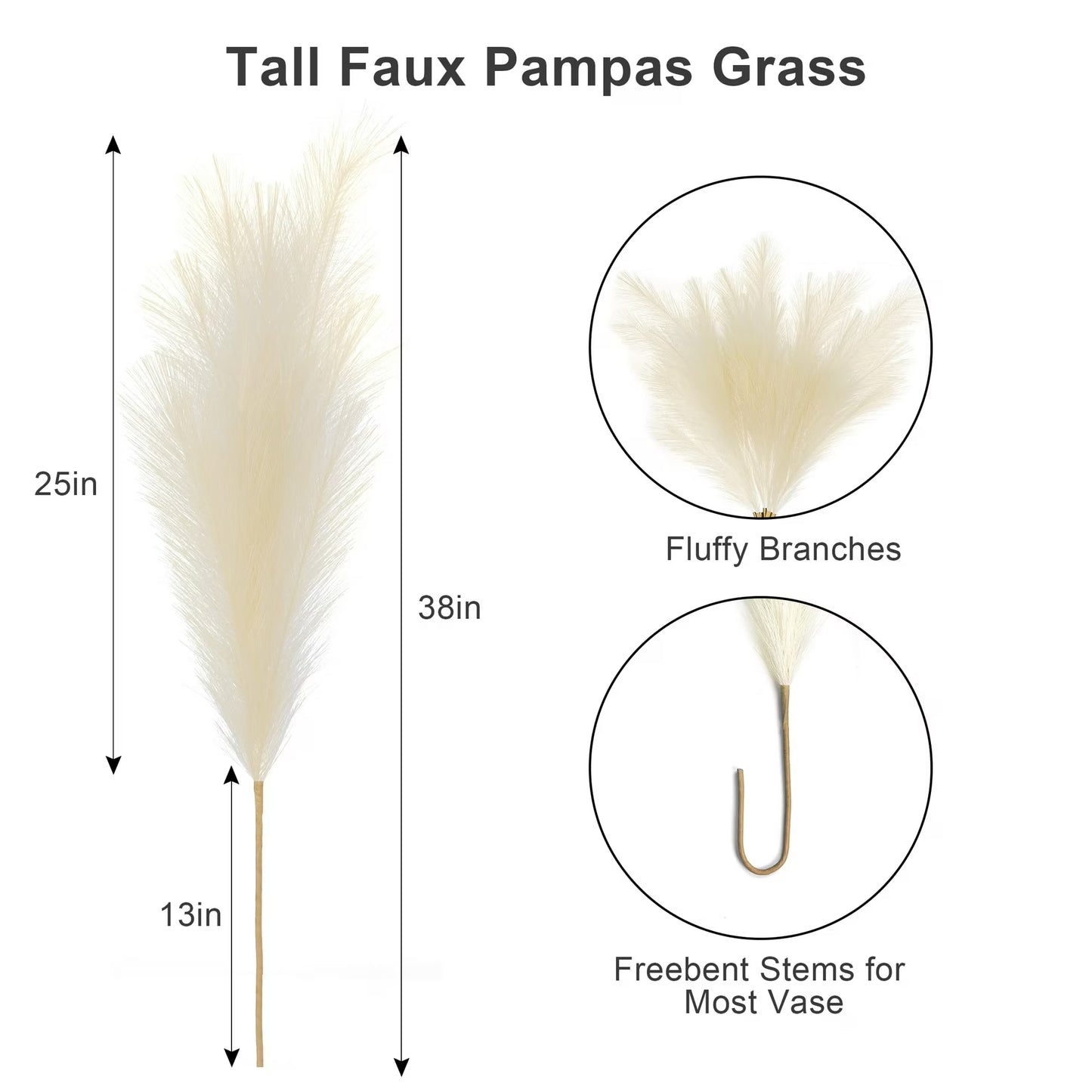 8pcs Faux Pampas Grass 38"/3.1FT Tall Fake Pampas Floral Large Artificial Natural Pompous Grass Plants for Floor Vase Filler Home Boho Decor - Beige