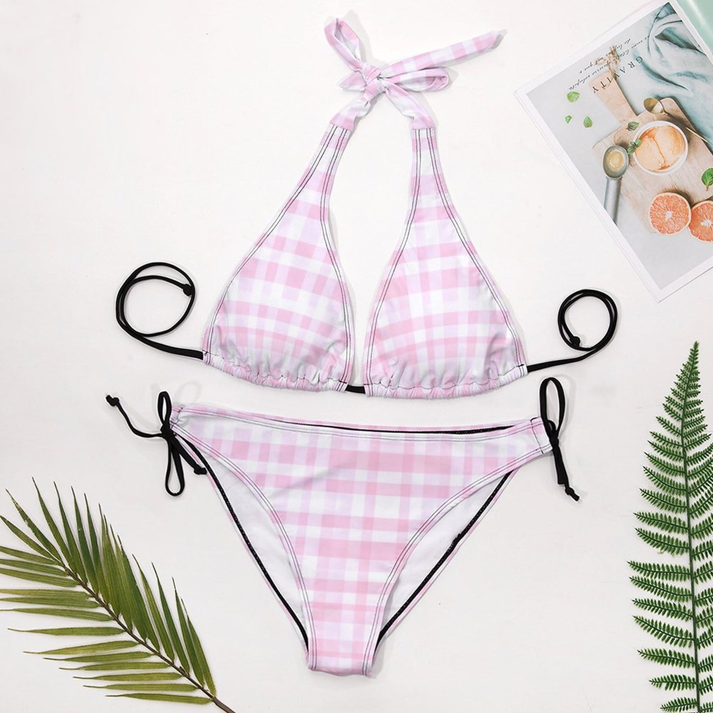 Two Piece Halter Swimsuit Pink Plaid