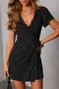 Black Polka Dot Print Lace Trim Wrap Mini Dress