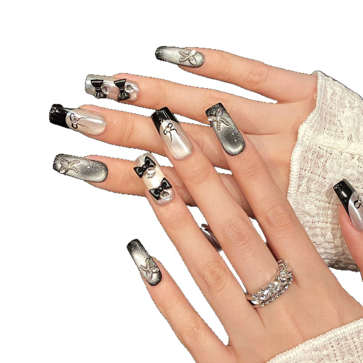 365nails: "Midnight Soiree" – 3D Bowknot & Butterfly Handmade Coffin Nails – Image 4
