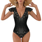 V Neck Flutter Sleeve One Piece Swimsuit Elegant Black