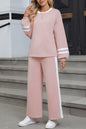 Pink Varsity Stripe Patchwork Puff Sleeve Pullover Drawstring Wide Leg Pant Set