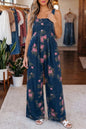 Blue Beau Floral Print Pleated High Waist Wide Leg Denim Jumpsuit