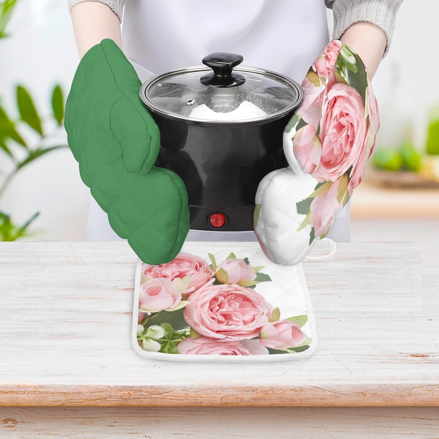 Oven Mitts & Pot Holder Set of 3 Pink flowers