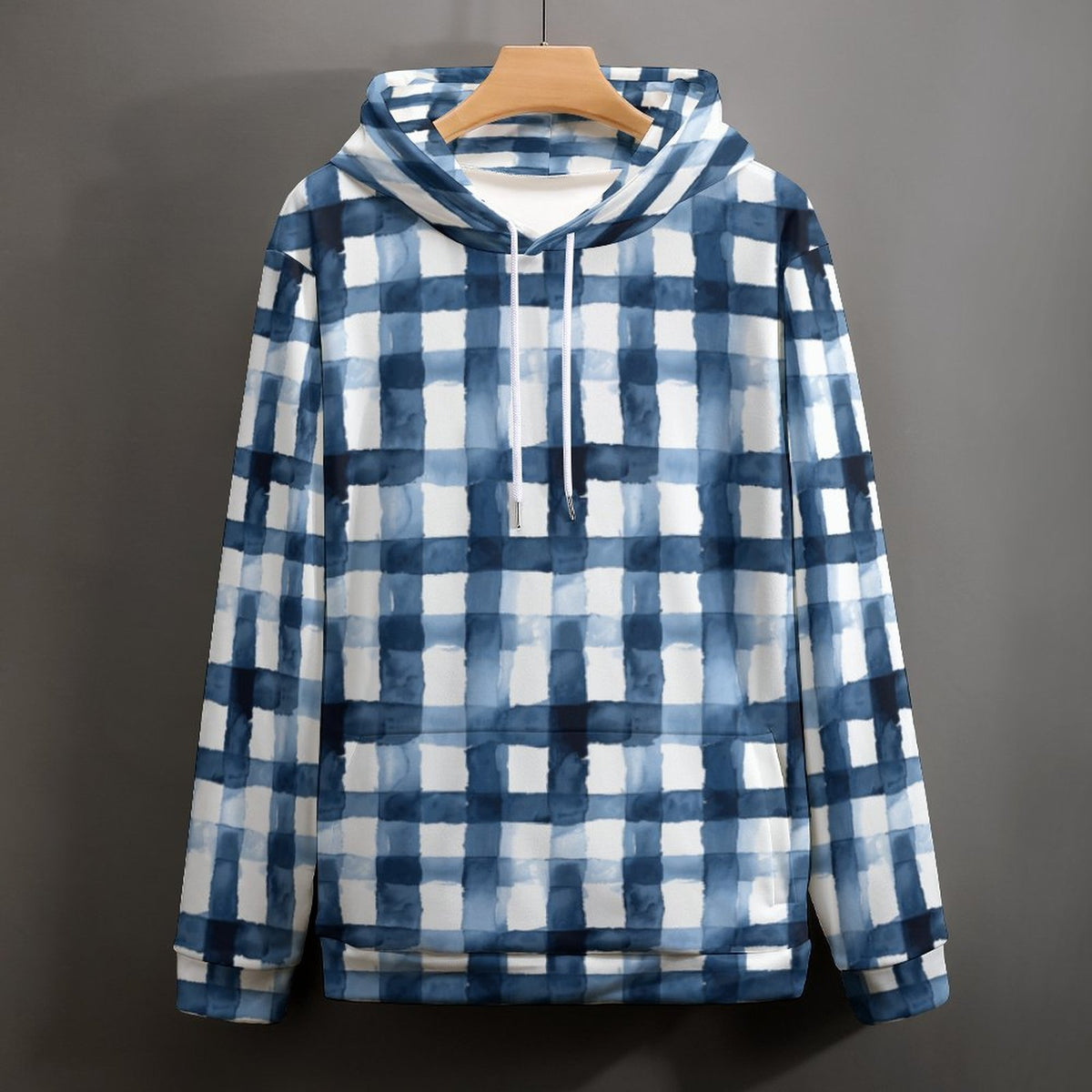 Blue Plaid Men's Cool Hoodie with Double-layer Cap