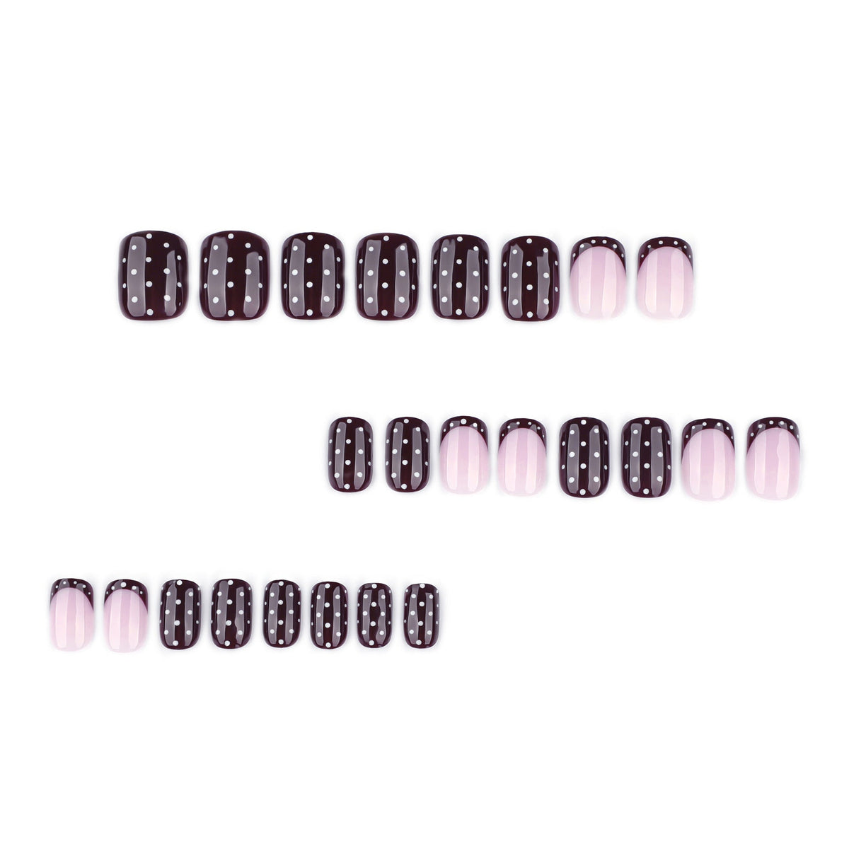 Autumn/winter wine red press-on nails with white polka dot design - short square shape – Image 2