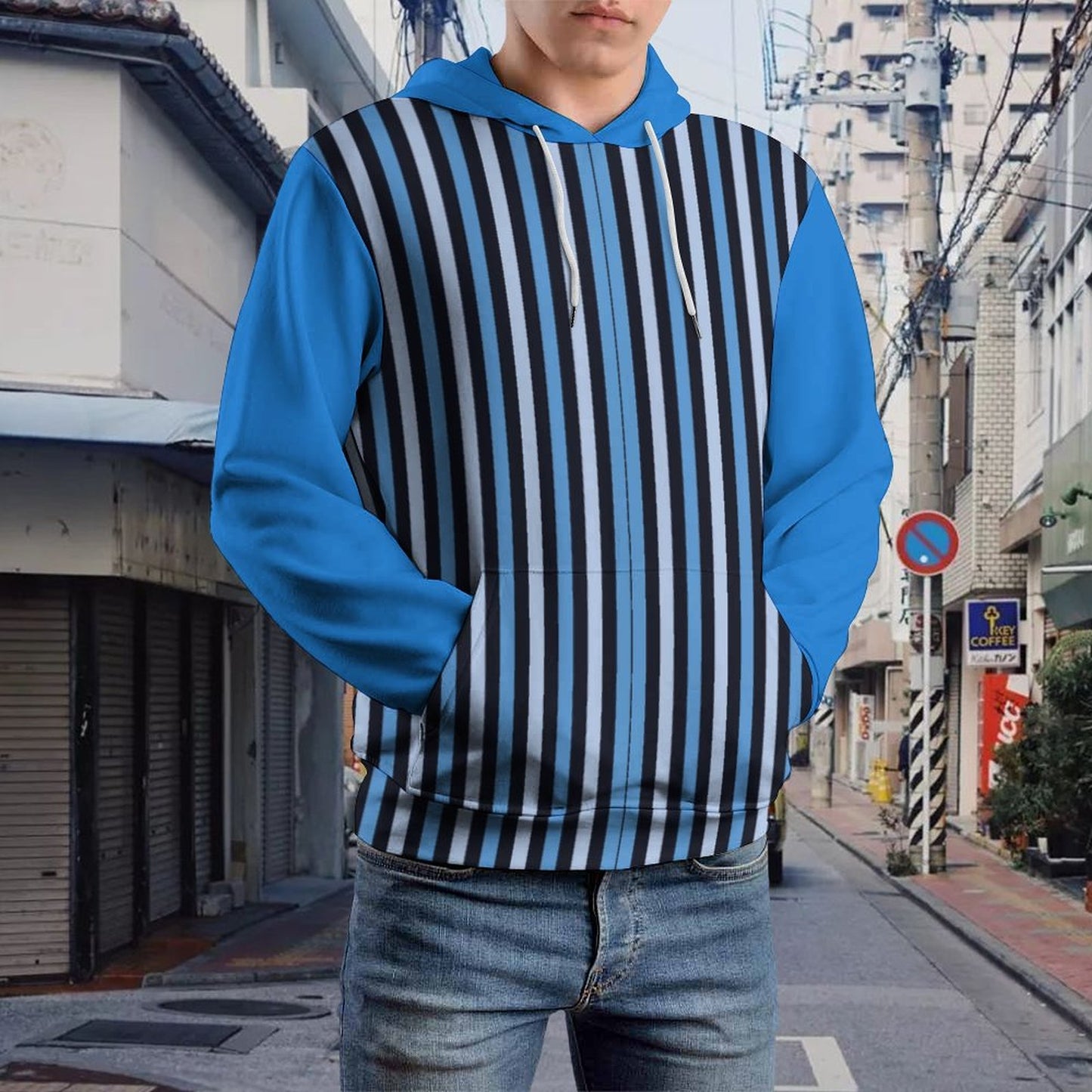 Cool Hoodie with Double-layer Cap Blue Stripes