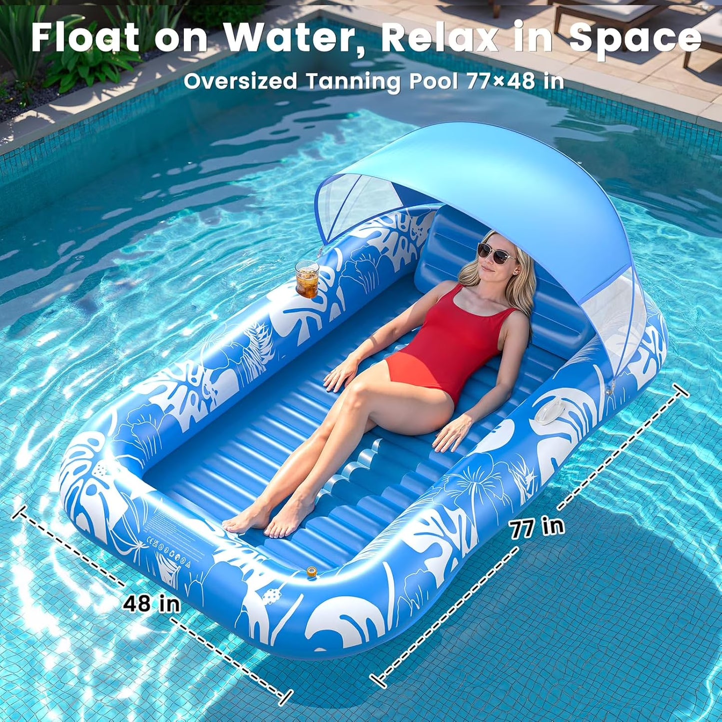 Inflatable Tanning Pool Lounger Float with Sprinkler & Canopy UPF50+, 77" x 48" Extra Large Tanning Pool Float for Adults, Sunbathing Water Lounge Bed with Pillow & Cup Holder for Backyard & Pool