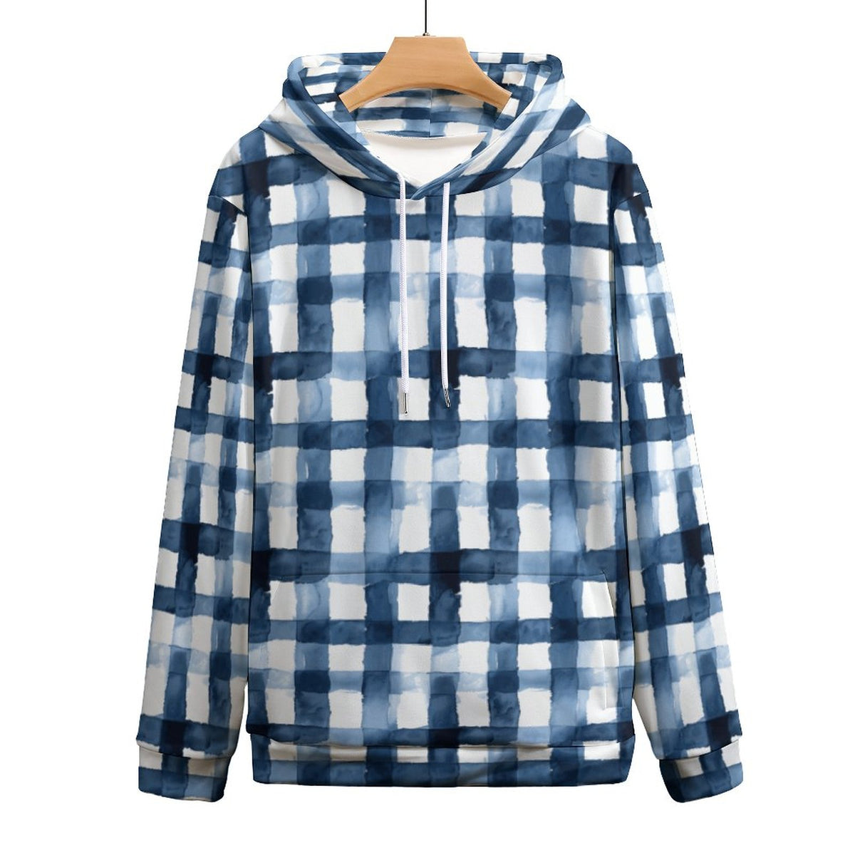 Blue Plaid Men's Cool Hoodie with Double-layer Cap
