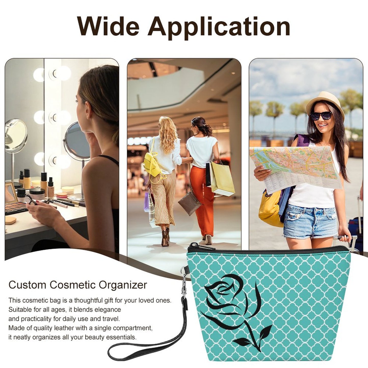 Handheld Makeup Bag With Strap - Teal with black rose