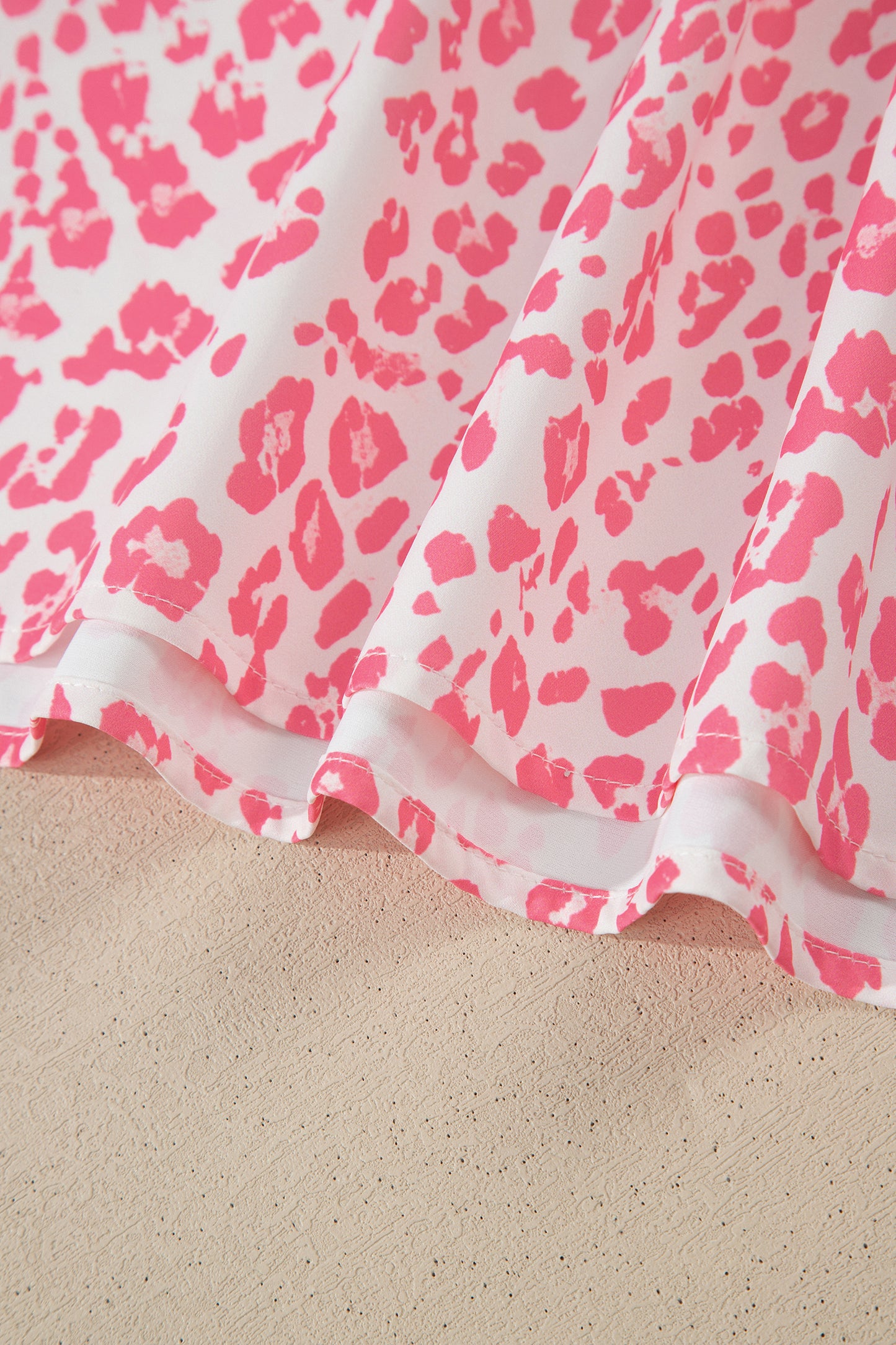Pink Stripe Ruffled Trim V Neck Leopard Print Short Sleeve Blouse