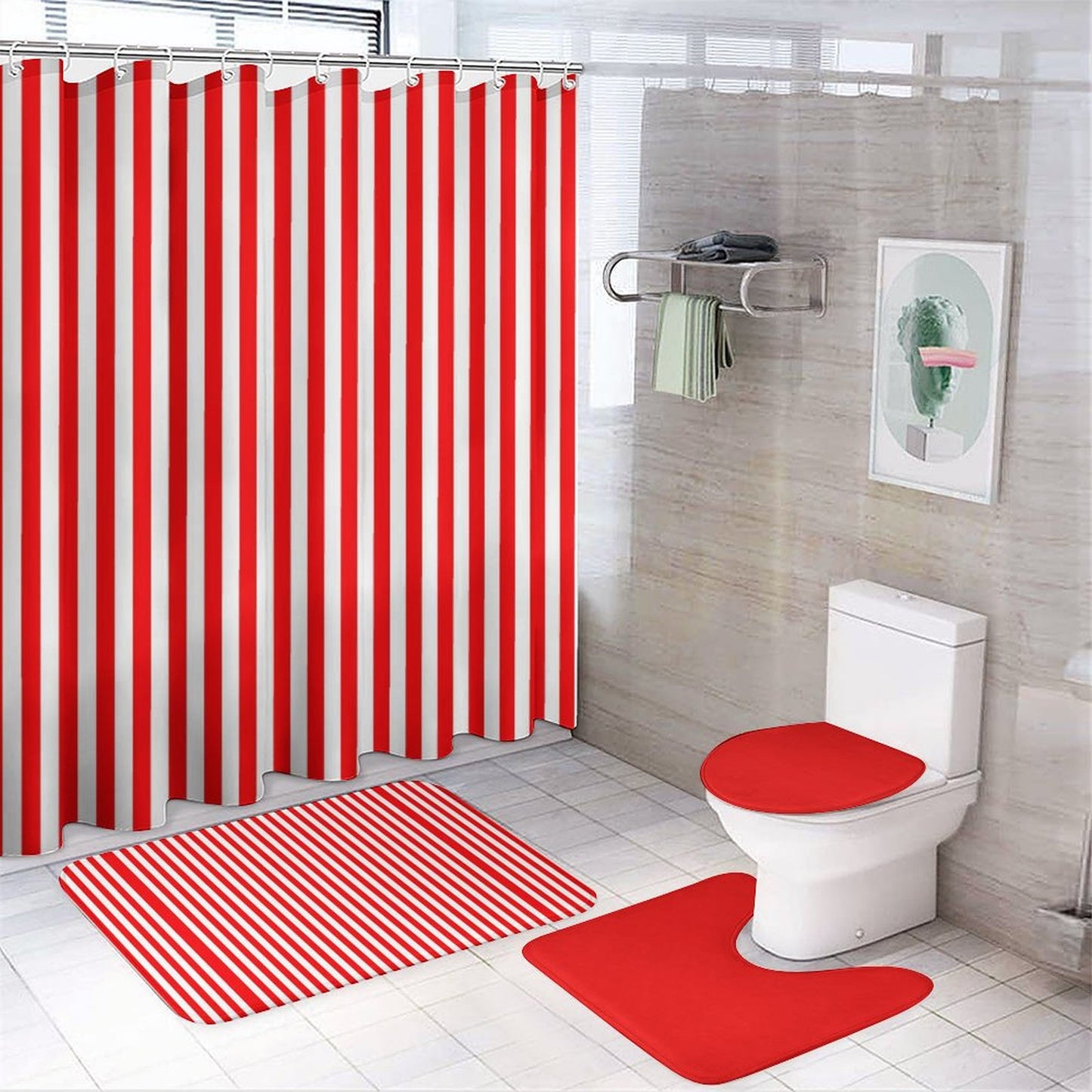 Shower Curtain Set with 3 Rugs Red Stripes