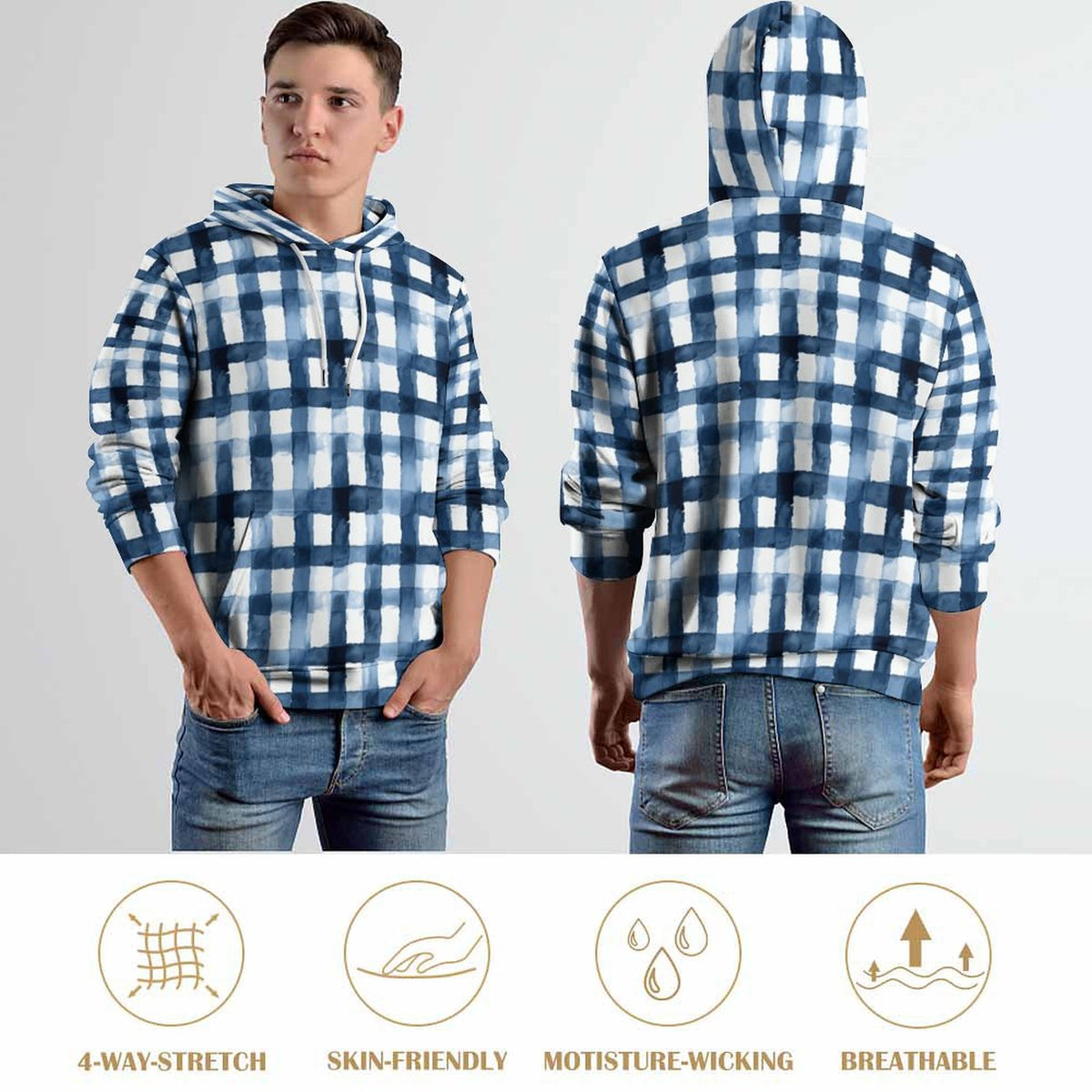 Blue Plaid Men's Cool Hoodie with Double-layer Cap