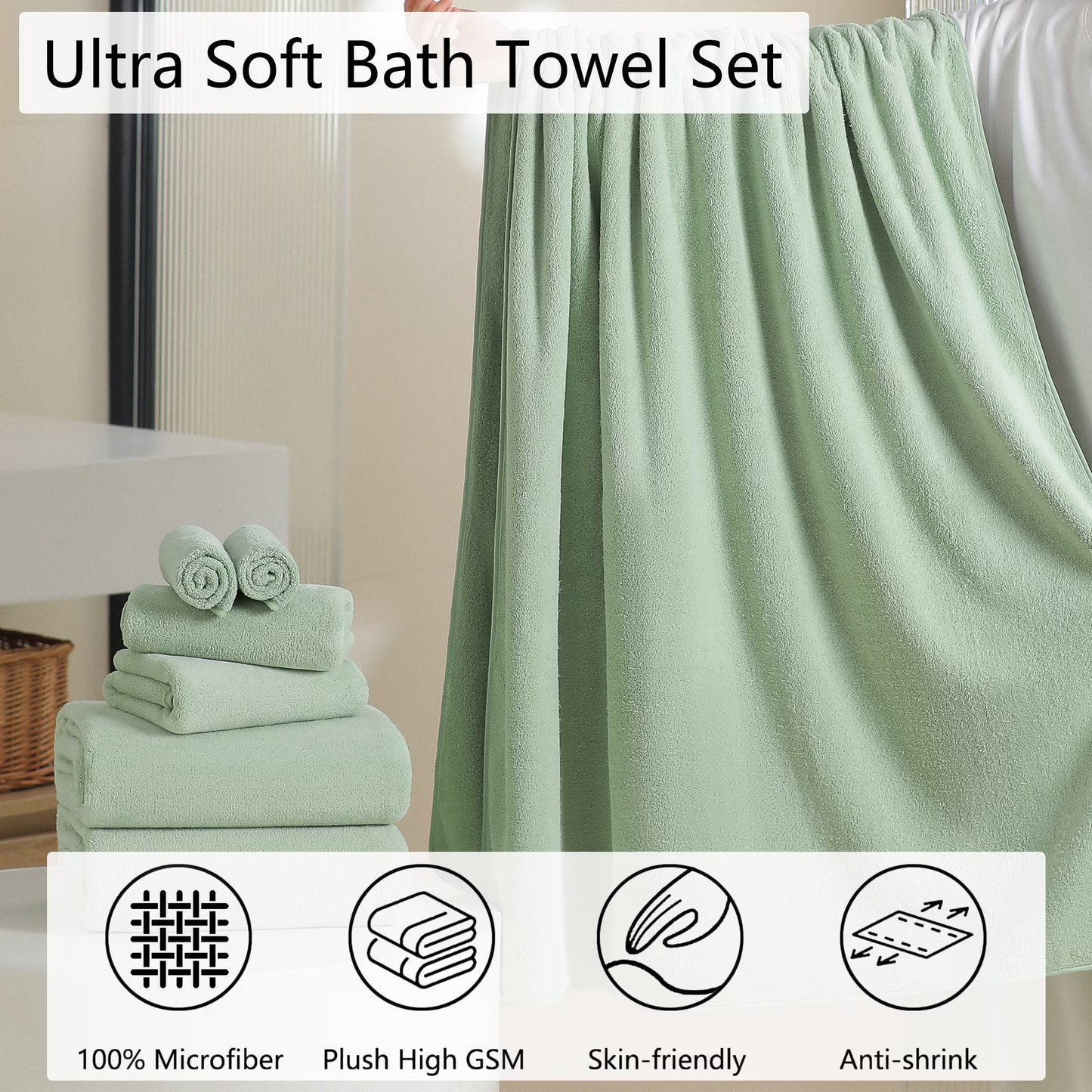Jessy Home 8 Piece Home Collection Ultra Soft Cozy Towels 700 GSM Light Green Plush Towel Set