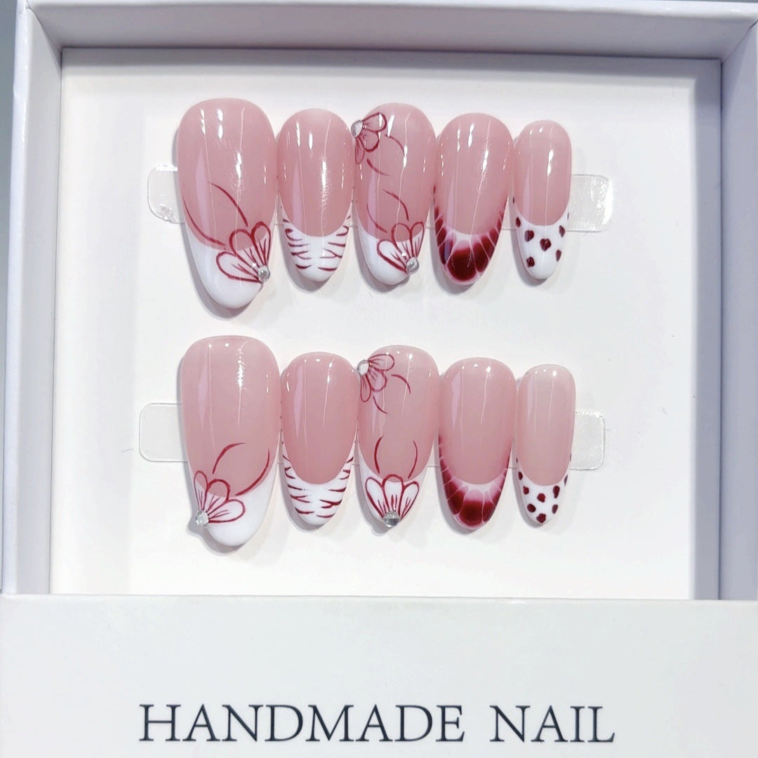 Red Bloom: "Nude Red Floral" – Almond Shape Handmade Press-On Nails – Image 2